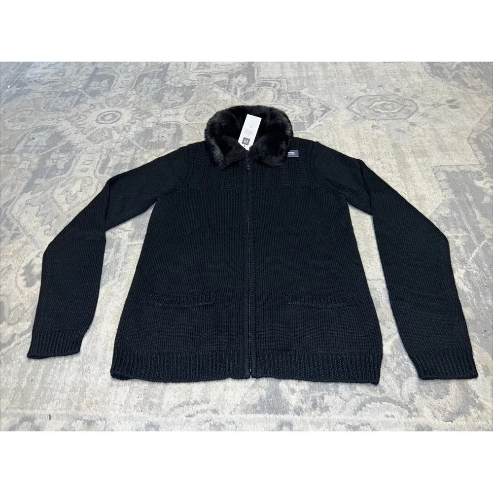 New Gap Kids Girls Sz XXL 14-16 Sweater‎ Wool Blend Black Zip Faux Fur Collar